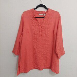 Tweeds 100% Linen Tunic Top 3/4 Sleeve Shirt Pleated Orange Size 2X Side Slits